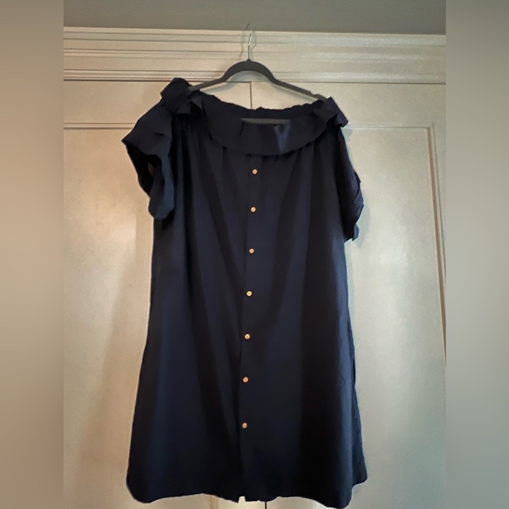 Sea New York Navy Blue Button-Front Ruffle Neck Dress